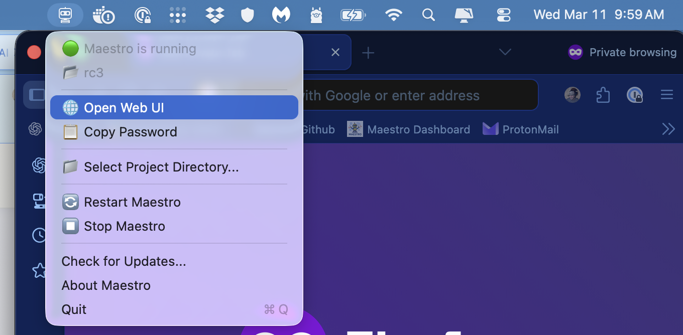 Maestro menu bar app showing Open Web UI option